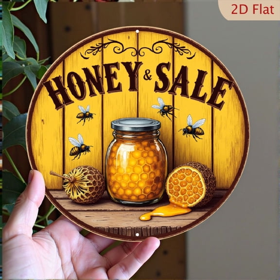 2D Flat 1pc Vintage-Style Honey for Aluminum Sign - 8x8 Inch, Rustic Wall Decor with Bees Honeycomb Design, Perfect for Kitchen, Living Room, Studio, Bedroom, or Home Theater, Home Decor Sign Rusti