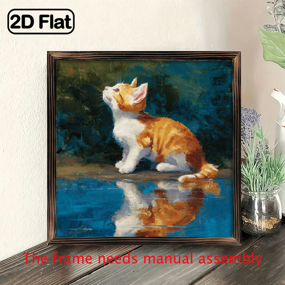 2D Flat, 1pc Vintage-Style Orange Tabby Cat Framed Wall Art - 8x8 Inch Ginger Kitten -Like Print on Wood, Playful Feline Decor for Cat Lovers, Housewarming Gift, Easy-Hang PetThemed Sign for Living