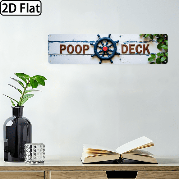 2D Flat 1pc Vintage-Style 'Poop Deck' Metal Tin Sign, 16x4 Inch - Nautical Wall Decor with Steering Wheel Poop Deck Text, Distressed Finish for Home, Poolside, Patio, Garage - Perfect Holiday Gi
