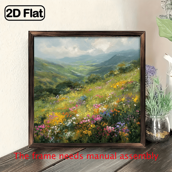 2D Flat - 1pc Vintage-Style Romantic Wildflower Mountain Landscape Wooden Wall Art, 8x8 Inch - Ideal for Bedroom, Living Room, Farmhouse, Office, Gallery Decor, Decorative Sign, Wall Decor.