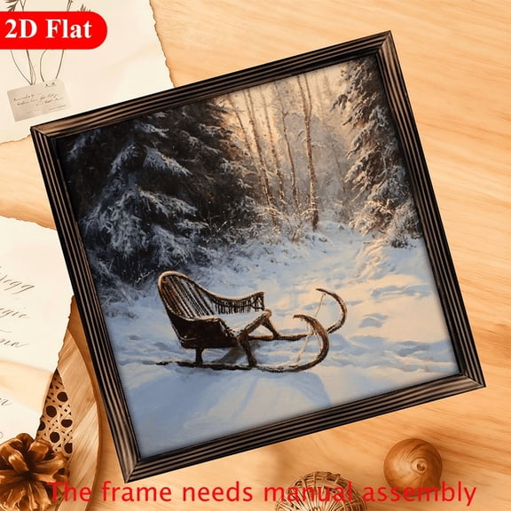 2D Flat 1pc of Vintage-Style Sleigh Artwork, Framed Wall Decoration Suitable for Home And Office, Ideal for Winter Holiday Decor And Farmhouse Desk Aesthetics, Measuring 12x12 inch
