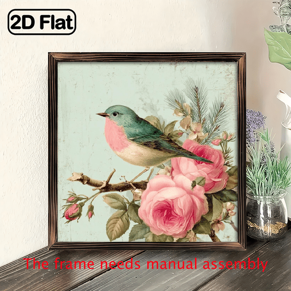 2D Flat - 1pc Vintage Style Wooden Wall Art Sign, Chic Birds Pink Rose Design Frame Included, Ideal for Bathroom, Garden, Cafe, Bar, Office Decor, Perfect Gift for Christmas 4th of July, 8*8in