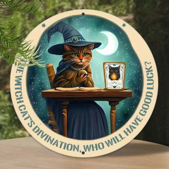 [2D Flat]1pc Vintage 'The witch cat's divination, who will have good luck' Aluminum Wall Sign - 8x8 Inch, Perfect for Garage, Farmhouse, Shop, Porch, Living Room, Bedroom, Garden Decor