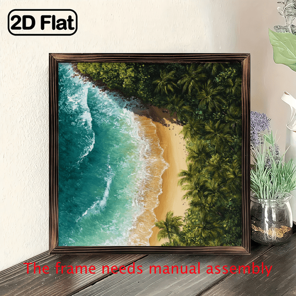 2D Flat - 1pc Vintage Tropical Beach Scene Wooden Frame Wall Art, 8x8 Inch, Dreamy Artistic Style, Decorative Sign for Home, Beach House, Patio, Bathroom, and Living Room Decor, Coastal Home Deco