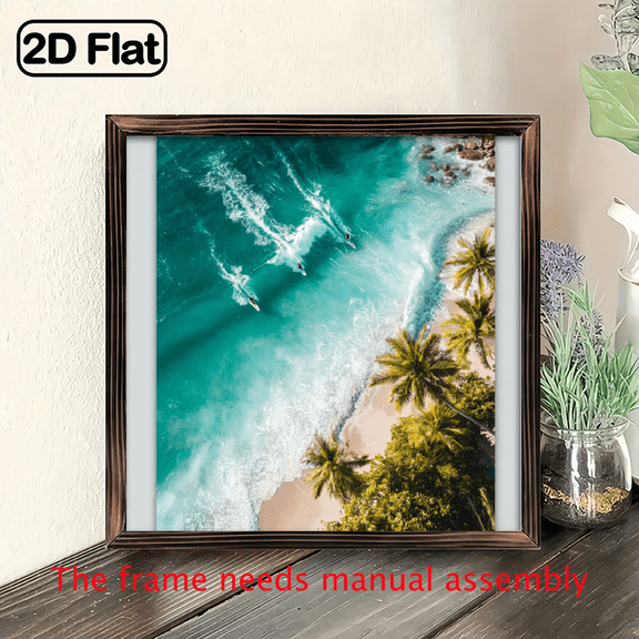 2D Flat - 1pc Vintage Tropical Beach Surfing Scene Wall Art, 8x8 Inch Wooden Frame Sign, Dreamy Summer Theme Decor for Beach Houses, Surf Shops, Living Rooms, Bedrooms - Multipurpose, No Electrici