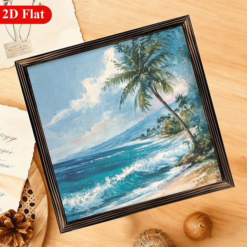 2D Flat, 1pc Vintage Tropical Beach Watercolor Palm Tree Ocean Wave ...
