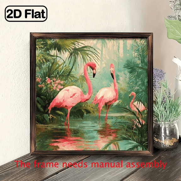 2D Flat, 1pc Vintage Tropical Flamingo Wall Art - Handcrafted Wood 8x8 inch Retro Home Decor with Vibrant Tropical Scene, No Batteries Needed for Living Room, Bedroom, Bathroom, Office Entryway, F