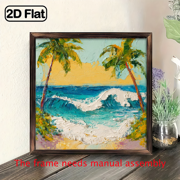 2D Flat - 1pc Vintage Tropical Palm Trees Ocean Waves Beach Scene Wall Art, 8x8 Inch Wooden Frame Sign, Summer Theme Decorative Hanging for Home, Office, Bedroom, Living Room, Beach House Decor Ar