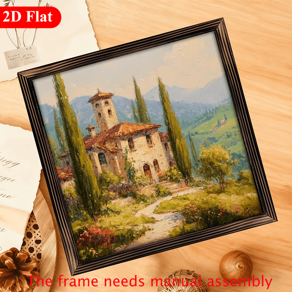 2D Flat, 1pc Vintage Tuscan Villa Landscape Wall Art - 12x12 Inch Artificial Wood Framed Painting, No Electricity Needed, Farmhouse Decor for Living Room, Bedroom, Office Home, 2D Flat