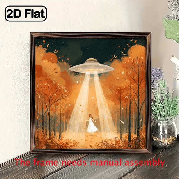 2D Flat, 1pc Vintage UFO Abduction Wall Art - 8x8 Inch Wooden Framed Sign with Woman in Autumn Forest UFO Design, 2D Flat Printing, No Electricity Needed, Perfect for Bedroom, Living Room, Hallowe