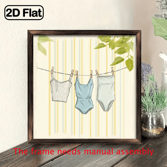 2D Flat, 1pc Vintage Undergarments Hanging on Clothesline Wooden Frame Wall Art - 8x8 Inch Recycled Wood Summer Theme Decor for Bedroom, Laundry Room, Bathroom, Dorm - No Electricity Needed