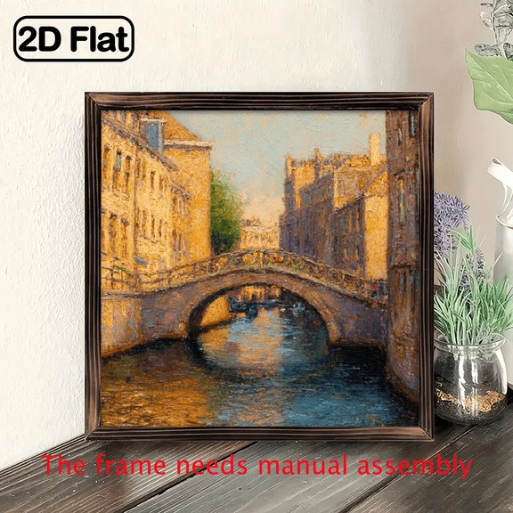 2D Flat, 1pc Vintage Venice Canal Bridge Scene Wooden Frame Wall Art, 8x8 Inch - Classic Italian Architecture with Blue Water Reflections, Perfect for Living Room, Bedroom, Office, Farmhouse Decor