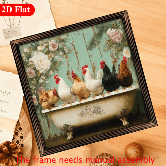 2D Flat, 1pc Vintage Victorian Chicken in Bath Wooden Wall Art Sign - 12x12 Inch Rustic Farmhouse Decor with Colorful Floral Chicken Design, Muted Greenish- Background, Farmhouse Style Wood Frame