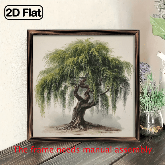 2D Flat, 1pc Vintage Weeping Willow Tree in Mist wooden board painting, Wooden Frame Wall Decor, Indoor Outdoor Use for Home, Office, Cafe, Bedroom, Bathroom.8*8 inch