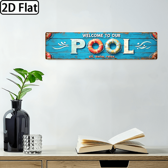 2D Flat, 1pc Vintage Welcome to Our Pool Metal Sign - Turquoise Red Retro Beach House Decor - Poolside Wall Art for Patio, Summer Party.16x4 in