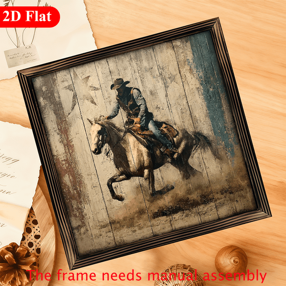 Vintage Western Cowboy Riding Horse Wooden Wall Art - Distressed Frame Rustic Decor, 12x12 Inch Ceiling or Tabletop Sign for Man Cave, Garage, Office - Christmas 4th of July Gift Idea