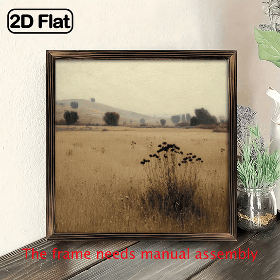 2D Flat, 1pc Vintage Wheat Field Dried Flower Landscape Oil Painting - Square Wooden Board with Smooth Wood Frame, Rustic Wall Decor Suitable for Farmhouse, Living Room, Garden - Multi- Tabletop o
