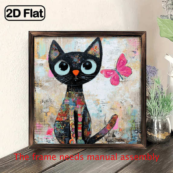 2D Flat, 1pc Vintage Whimsical Black Cat Butterfly Wall Art - 8x8 Inch ...