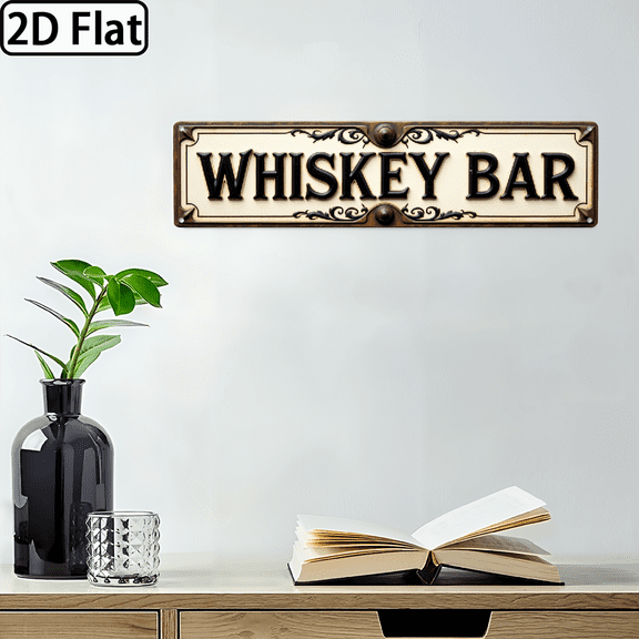 2D Flat, 1pc Vintage Whiskey Bar Metal Sign with Golden Decorative Border - 16x4 Inch Aluminum Wall Plaque, Rustic IndoorOutdoor Decor for Home, Farmhouse, Bathroom, Cafe, Garage, Porch Bar - Du