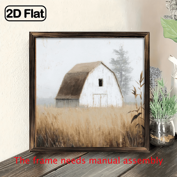 2D Flat, 1pc Vintage White Barn with Field Framed Wooden Sign - Rustic Wall Art for Kitchen, Bathroom, Bedroom, and Office, 8x8 Inch, Perfect Home Decor or Housewarming Gift, Office Decoration Vin