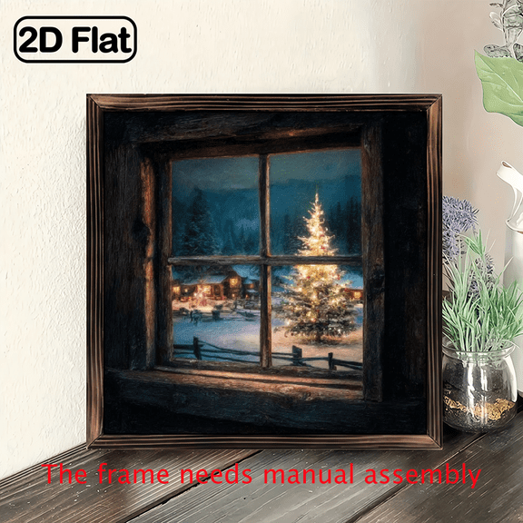 2D Flat, 1pc Vintage Winter Cabin Window Painting - Snowy Landscape with Illuminated Christmas Tree, Farmhouse Wall Decor - Easy Hang with Pre-Drilled Holes - Perfect Holiday 8*8in