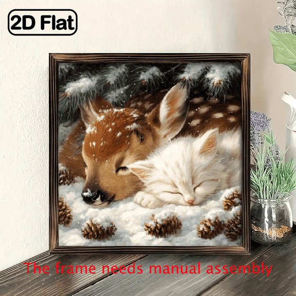 2D Flat, 1pc Vintage Winter Deer Kitten Snow Scene Wooden Framed Wall Art - 8x8 Inch Rustic Farmhouse Christmas Decoration with Fawn Sleeping Kittens, Easy Mounting Hardware Included for Bedroom