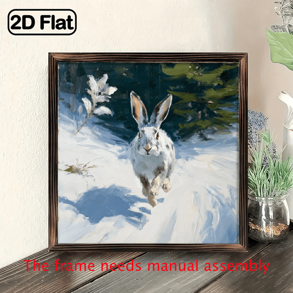 2D Flat, 1pc Vintage Winter Hare Painting - Snowy Landscape with White Rabbit, Framed Wall Art in Muted Green, Brown, White Blue Tones - Minimalist Nordic Decor for Christmas, Living Room, Bedroom