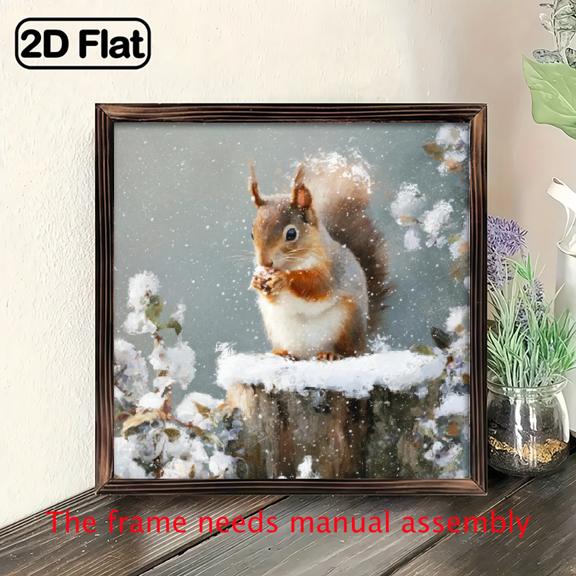 2D Flat, 1pc Vintage Winter Squirrel on Snowy Stump Wooden Framed Wall Art - Rustic Frame, 8x8 Inch Farmhouse Christmas Decoration with Snow-Covered Branches Squirrel Painting for Bedroom, Living