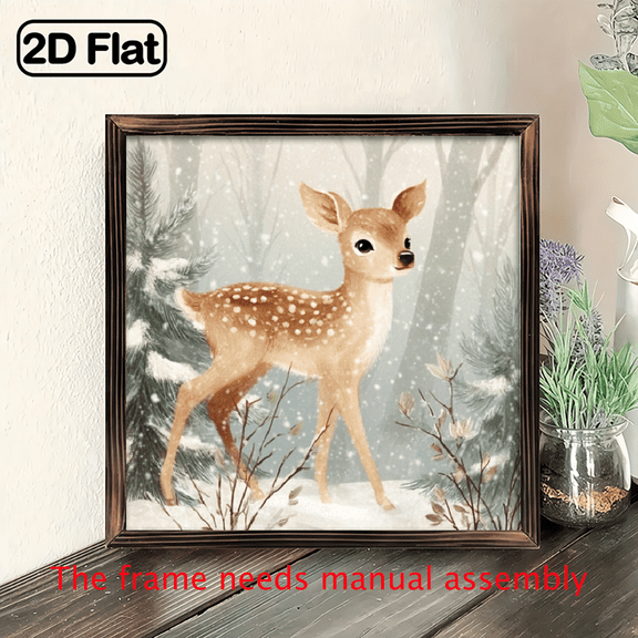 2D Flat, 1pc Vintage Winter Wonderland Deer Wall Decor - Rustic Farmhouse Style Snow Forest Frame Sign Wooden Plank Frame, Christmas Living Room Decoration.
