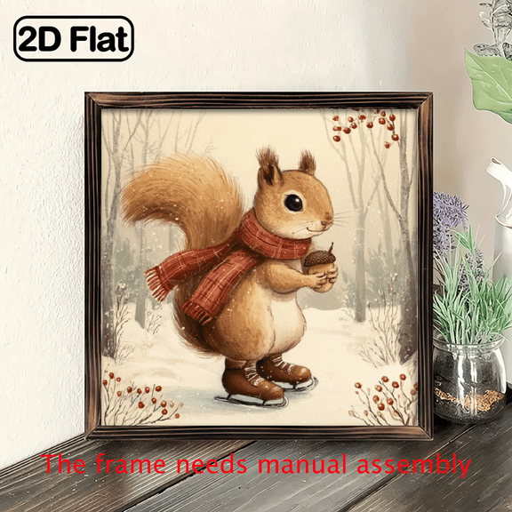 2D Flat, 1pc Vintage Winter Wonderland Squirrel Skating in Snow - Rustic Farmhouse Christmas Decoration - Easy Hanging - 8x8 Inch - Cozy Living Room, Bedroom, Holiday Home Accent - Winter Decorati