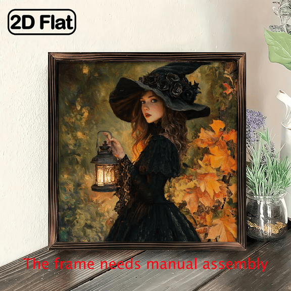 2D Flat, 1pc Vintage Witch with Lantern Wall Art - Gothic Halloween Decor, Wooden Framed Sign with Witch in Black Dress Lantern, Rustic Farmhouse Decoration for Living Room, Bedroom, Entryway - Ea