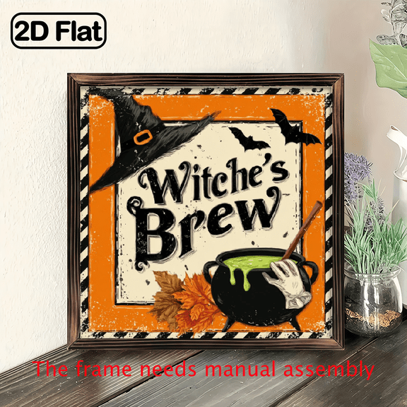 2D Flat, 1pc Vintage Witch's Brew Cauldron Gothic Wall Decor - Orange Black Striped Wood Plaque with Witches Hat Bats - Seasonal Decoration for Halloween, Christmas, Thanksgiving - Easy Hang