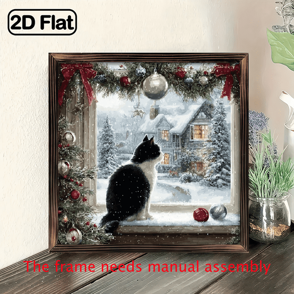 2D Flat, 1pc Vintage Wooden Framed Christmas Cat at Window Sign - 8x8 Inch Winter Wonderland Wall Decor, Cozy Holiday Home Entryway Decoration, Festive Snowy Night Scene with Red Rib
