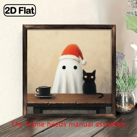 2D Flat, 1pc Vintage Wooden Framed Christmas Wall Art - Adorable Ghost with Santa Hat Black Cat, 8x8 Inch Cozy Holiday Decor for Bedroom, Living Room, Home, Easy to Hang, Christmas Decorations, Ha
