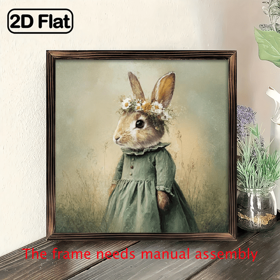 2D Flat 1pc Vintage Wooden Framed Rabbit Wall Art - 8x8 Inch, Whimsical Bunny with Floral Crown, Pastel Background, Perfect for Home Decor, Gift for Family Friends, Wall Hanging Decor, Gift Item V