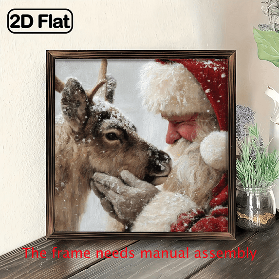 2D Flat, 1pc Vintage Wooden Framed Santa Claus Reindeer Touching Noses Christmas Wall Art - 8x8 Inch Holiday Decor with Red Striped Stockings, Snowy Forest Scene, Perfect for Home Office, Christmas