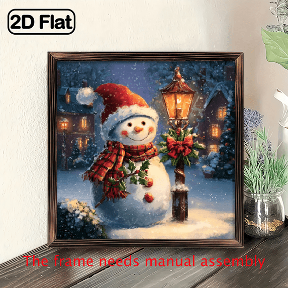 2D Flat, 1pc Vintage Wooden Framed Snowman in Winter Wonderland Wall Art - 8x8 Inch Holiday Decor with Lantern Snowy Night Scene, Perfect for Christmas, Winter, and Home Entryway, No Electricity N