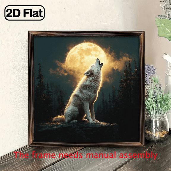 2D Flat, 1pc Vintage Wooden Framed Wall Art, Christmas Gift, Howling Wolf at Moonlight Blue Cloudy Sky Canvas Print Wall Art - Retro Oil Painting Style with Recycled Wood Frame, Modern Home Decor.