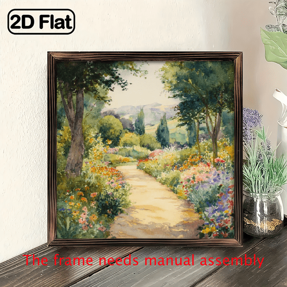 2D Flat, 1pc Vintage Wooden Framed Wall Art - Dreamy Watercolor Garden Path Summer Theme, 8x8 Inch Reclaimed Wood Sign for Living Room, Bedroom, Porch Garden Decor, No Electricity Needed, Patio