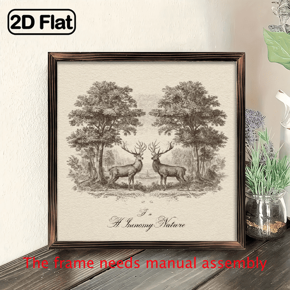 2D Flat, 1pc Vintage Woodland Deer Painting - Two Deer in Forest Wall Art with Natural Beige Background - Rustic Farmhouse Decor - Sturdy Wooden Framed Sign - 8x8 Inch Easy Hanging Installati