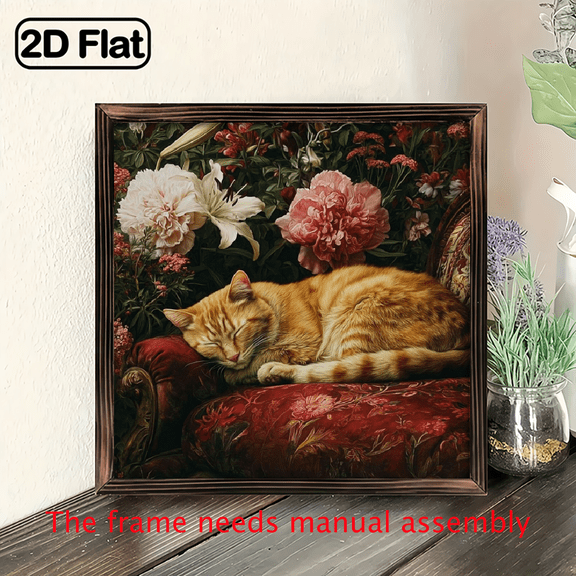2D Flat 1pc Of Vintage-style Wooden Signage - 8x8 Inch Framed Wall Art With Charming Yellow Cat Sleeping In The Garden Design, Polished Surface, Perfect Home And Office Decor, Ideal Gift For Cat L