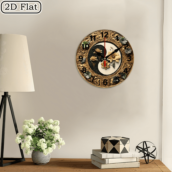 2D Flat 1pc Wall Clock 10Inch Vintage Aluminum Feng Shui Prosperity Wall Art - Lucky Coin Plaque with Zodiac & Animal Symbols, Golden Border, Intricate Floral Carvings, 8x8 Inches, Perfect for Home