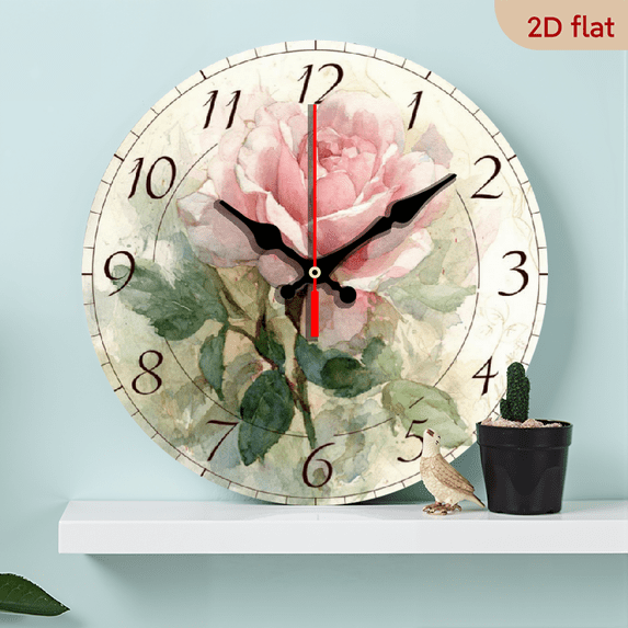 2D Flat 1pc Watercolor Rose Art Wooden Clock - 10 Inch Round Wall Clock with Automatic Wind-Up Mechanism, Swiss Quartz Movement, Pink Green Floral Design, Clock Wall Decor, Ideal Gift for Home, Ki