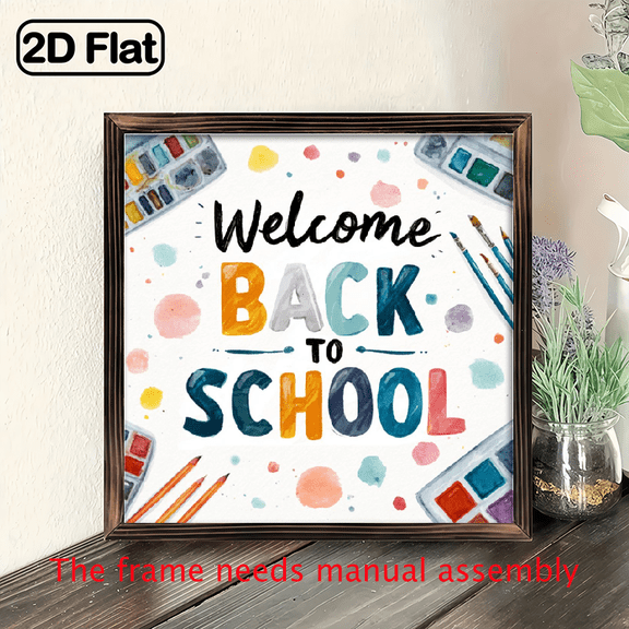 2D Flat, 1pc Welcome Back to School Wooden Sign - Classroom Decor with School Supplies Design (Pencils, Books) - Framed Educational Wall Art for Teachers, Students, Homeschool - Durable 8*8in