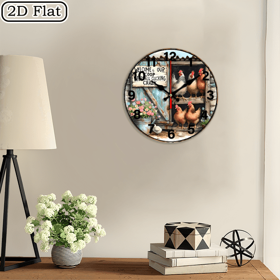 2D Flat 1pc Welcome To Our Coop Chickens Design Silent Wall Clock - Wooden, Ideal for home, Office Decor, Perfect Christmas or New Year Gift, Room Decoration, Birthday Gift for Lovers 10Inch