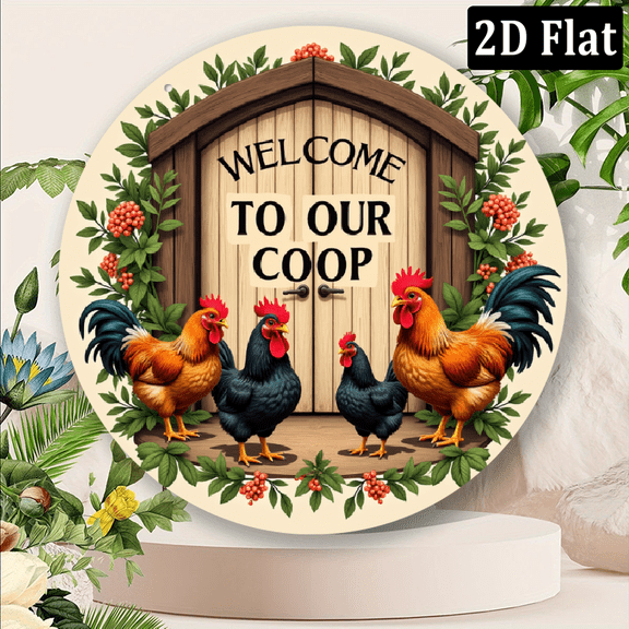 2D Flat, 1pc Welcome to Our Coop Metal Sign - 8x8 Inch Aluminum Vintage Farmhouse Wall Art with Chicken Rooster Design, Rustic Garden Entryway Decor for Home, Door Wreath, for Man Cave, Farm Dec
