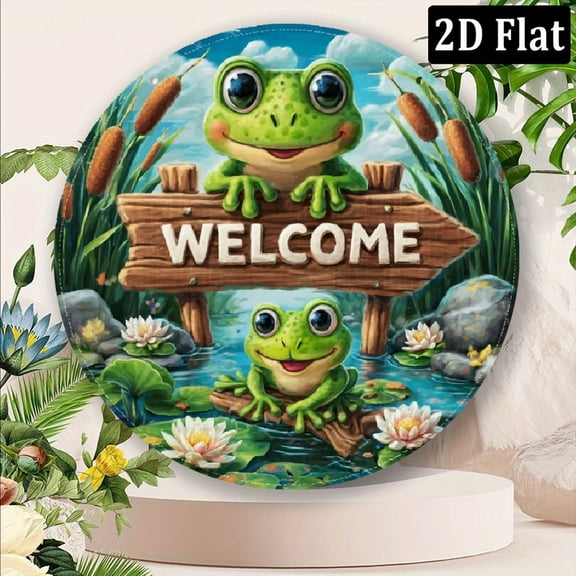 2D Flat, 1pc Welcome Frogs Garden Sign - 8x8 Inch Round Aluminum Metal Wall Art with Vibrant Green Frogs, Lily Pads Welcome Sign, Outdoor Indoor Decoration for Spring Summer, No Electricity Need.