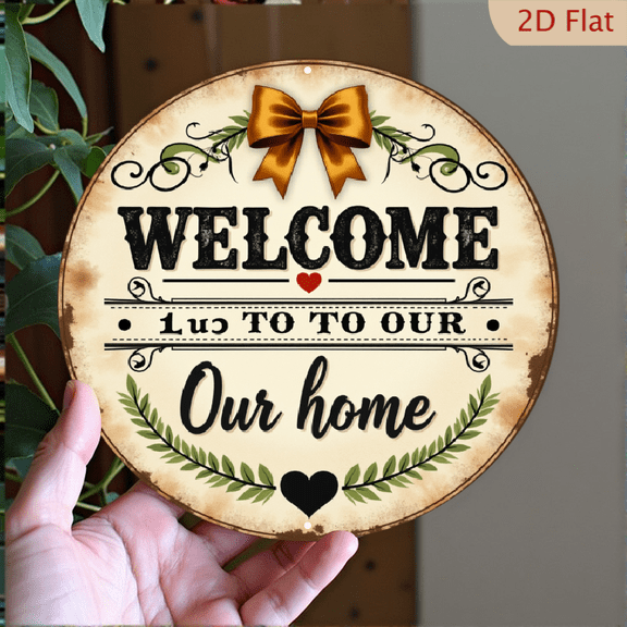 2D Flat, 1pc Welcome to Our Home Sign - Rustic 2D Flat Print with Golden Bow Green Leaves, Distressed Beige Background, Elegant Cursive Lettering for Doors Walls Home Garden Coffee Shop Decor, 2D
