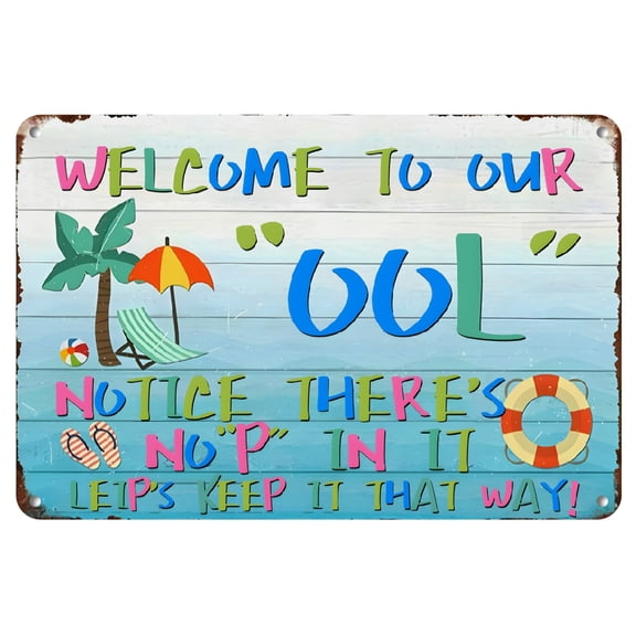 2D Flat, 1pc Welcome to Our Pool" Funny Metal Wall Art Sign - Relaxing Beach Design with Palm Trees & Life Preserver, 8x12 Inches, Perfect for Poolside, Patio, or Outdoor Summer Decor