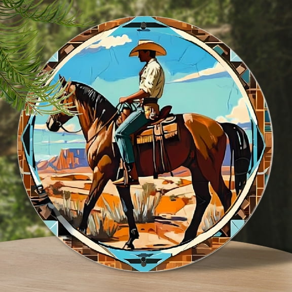 2D Flat, 1pc Western Cowboy Riding Horse Wall Art - 8x8 Inch Round Aluminum Metal Sign with Desert Landscape & Geometric Border, Rustic Home Garden Party Decor, Indoor Decoration